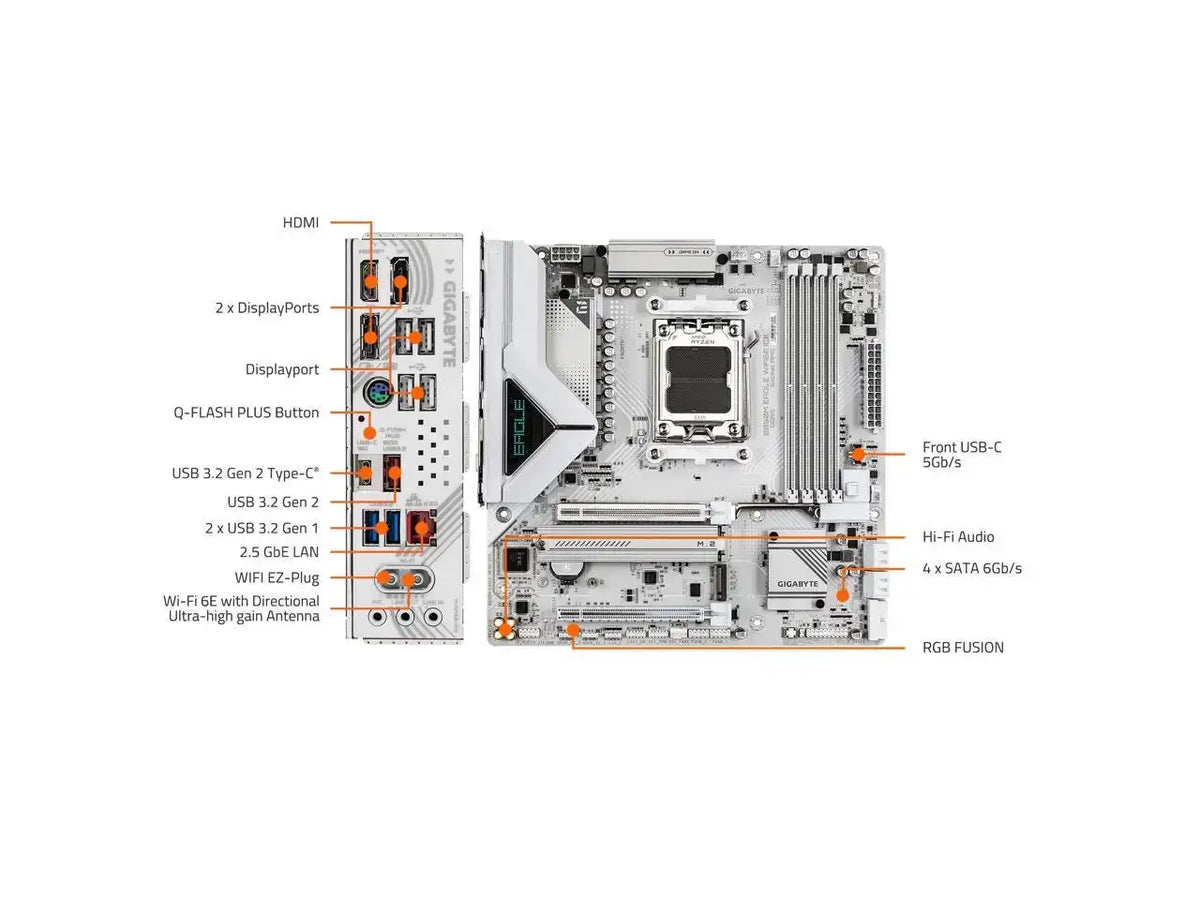 GIGABYTE B850M EAGLE WIFI6E ICE AMD AM5 Motherboard, M-ATX, DDR5, 2x M.2, PCIe 5.0, USB-C, USB 3.2 Gen 2, WIFI6E, 2.5GbE LAN, EZ-Latch, Wi-Fi EZ-Plug