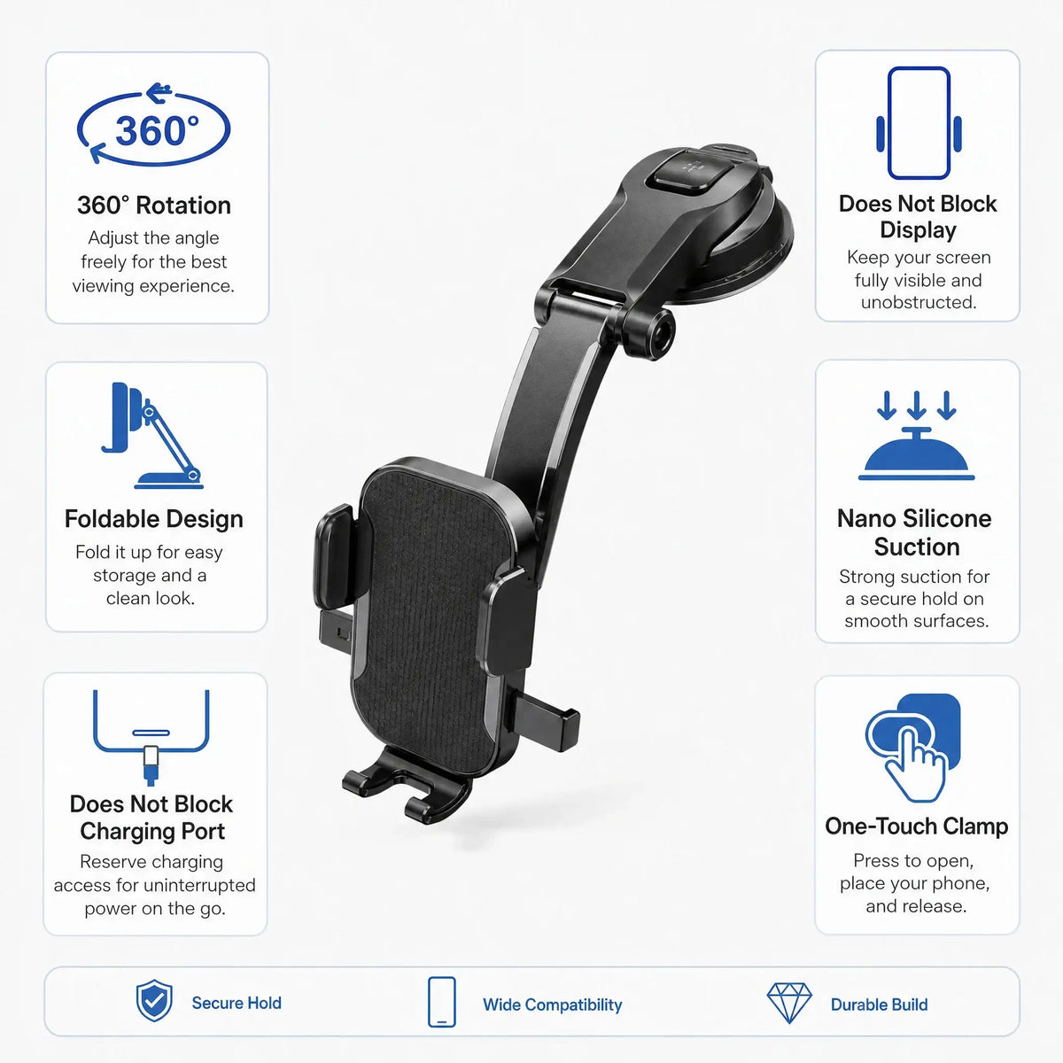 Car Phone Holder – Nano Flexible Silicone, 360° Rotation, Doesn't Block Screen, Compatible with BlackBerry.