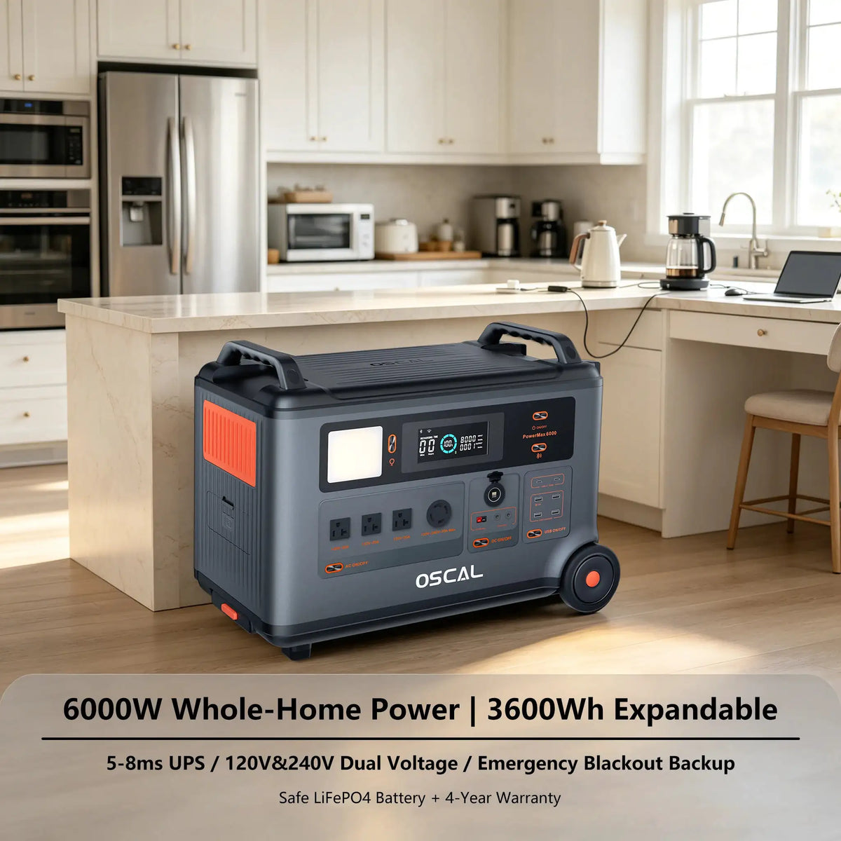 OSCAL PowerMax 6000 Whole Home Solar Generator,3600Wh LiFePO4 | 6000W (9000W Surge) | 1.96 H Charge | 240V/120V DC/AC Bi-Directional Inverter | for Home Emergency, Outdoor Camping，Hurricane Backup