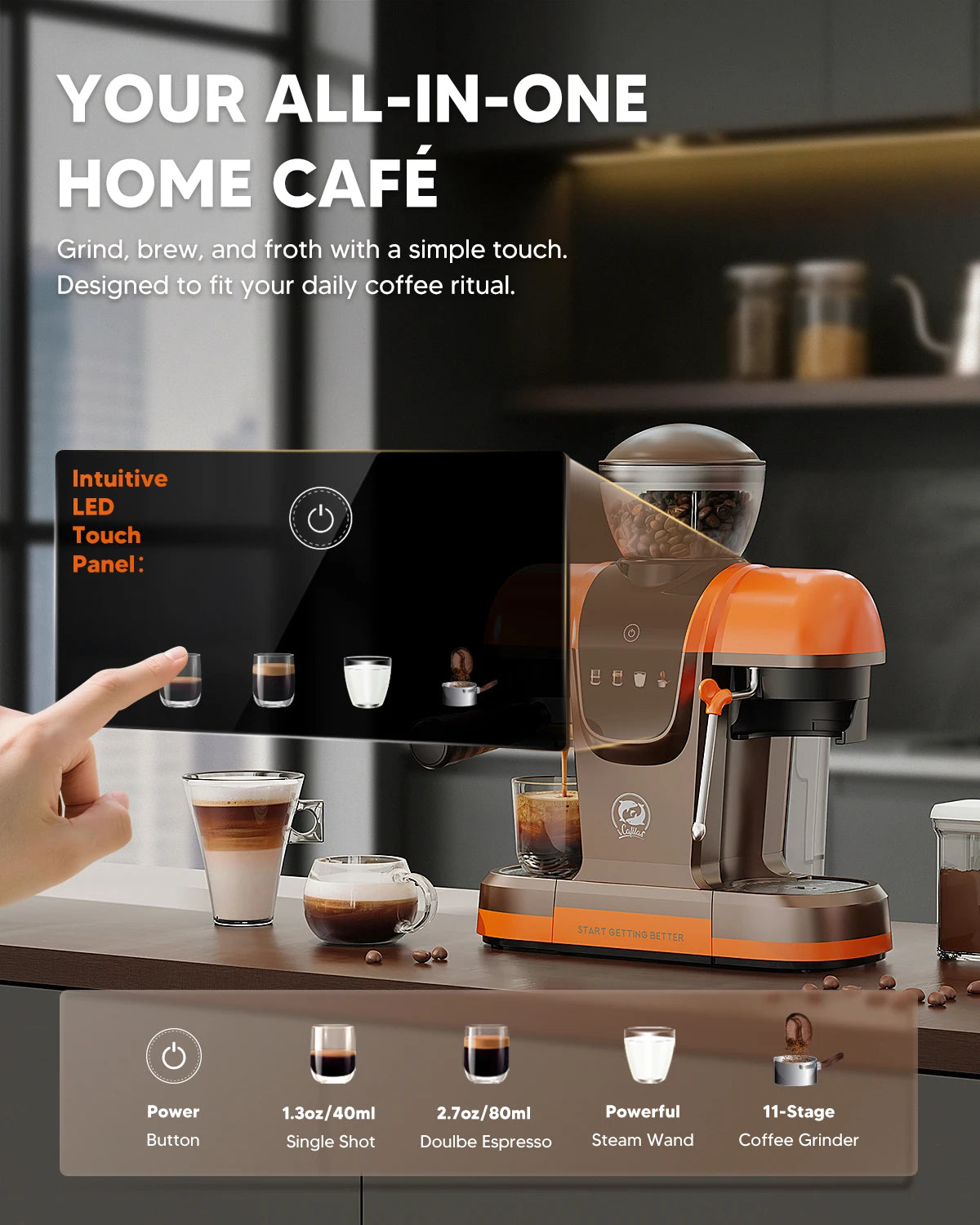 i Cafilas Semi-Automatic Espresso Machine with Grinder & Steam — product view 4