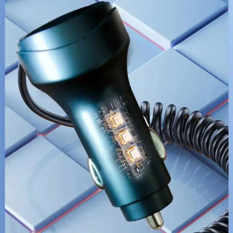 Car Charger Dual Ports Voltage Display Retractable USB Cable