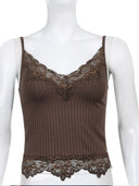 Gothic Bodycon Camis Crop Top Women Grunge Punk Backless Ribbed Lace Trim Summer
