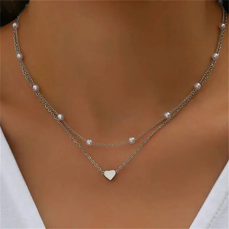 Double Layer Pearl Choker Necklace for Women Heart Pendant