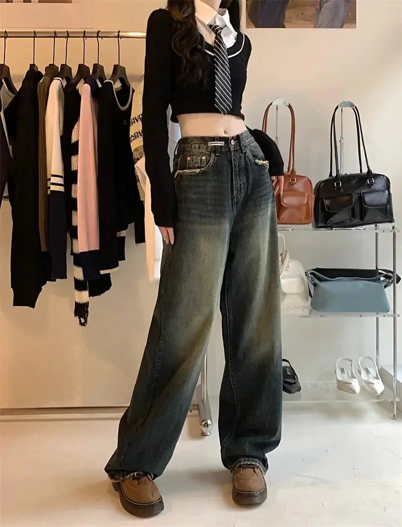 Womens Harajuku Style Loose Wide Leg Jeans Autumn Fashion