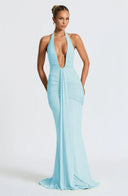 Mozision Deep V Neck Draped Maxi Dresses for Women Halter Backless Club Elegance
