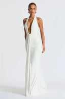 Mozision Deep V Neck Draped Maxi Dresses for Women Halter Backless Club Elegance