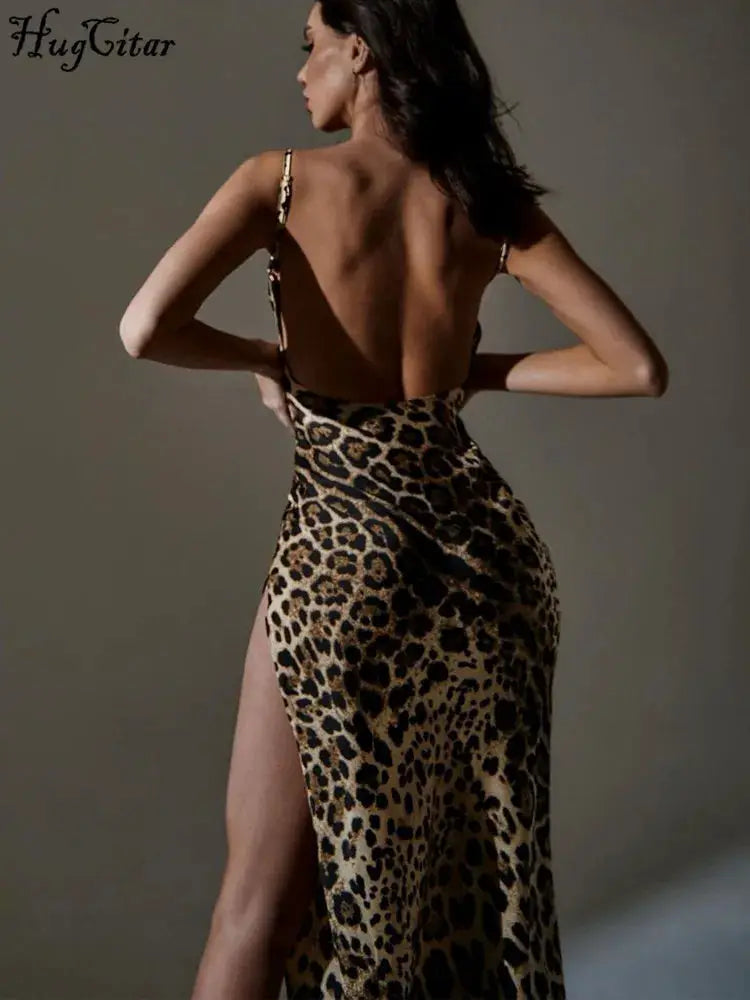Hugcitar Leopard Print Swing Collar Sleeveless Sexy Maxi Slit Prom Dress Summer Women Fashion Y2K Clothes Party Beach Vacation