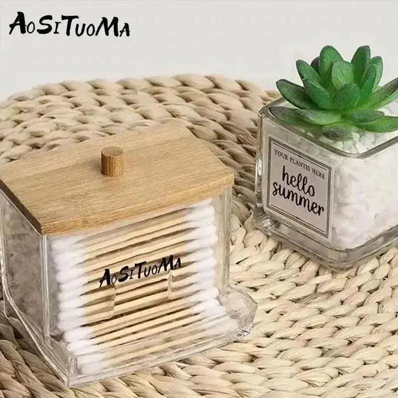 Wooden Lid Cotton Swab Holder Elegant Bathroom Organizer