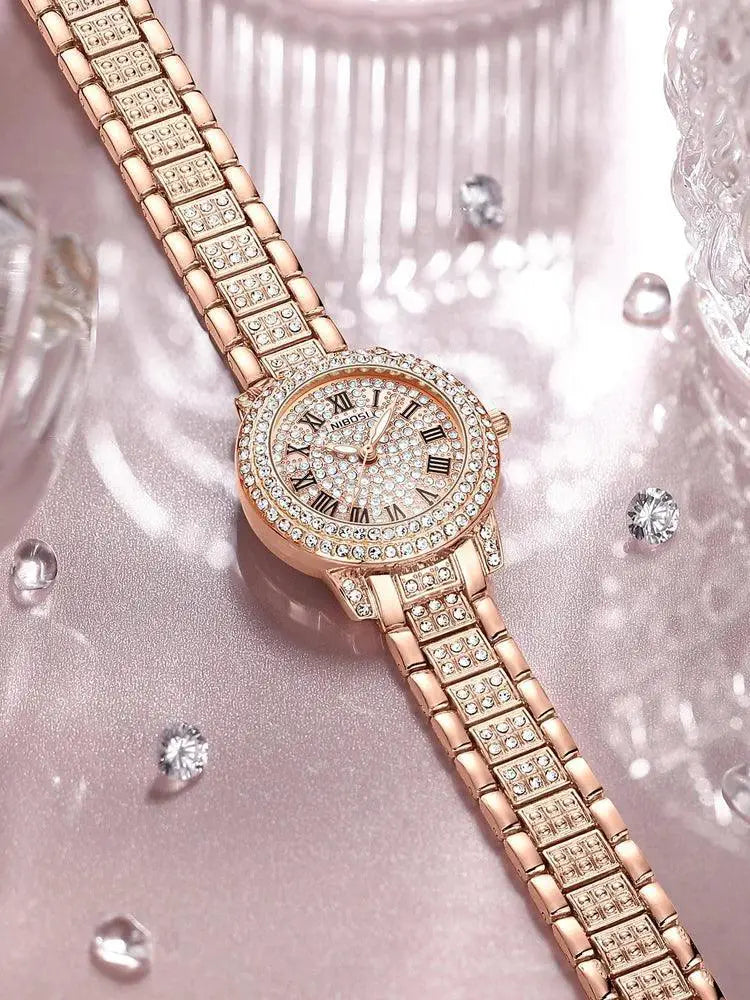 Rose Gold Crystal Watch Luxury Women's Diamond Timepiece