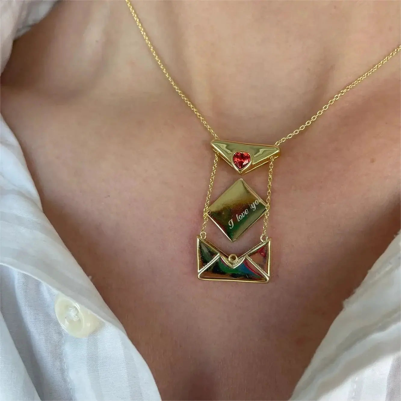 Copper Envelope Necklace Inlaid With Red Hearts Design