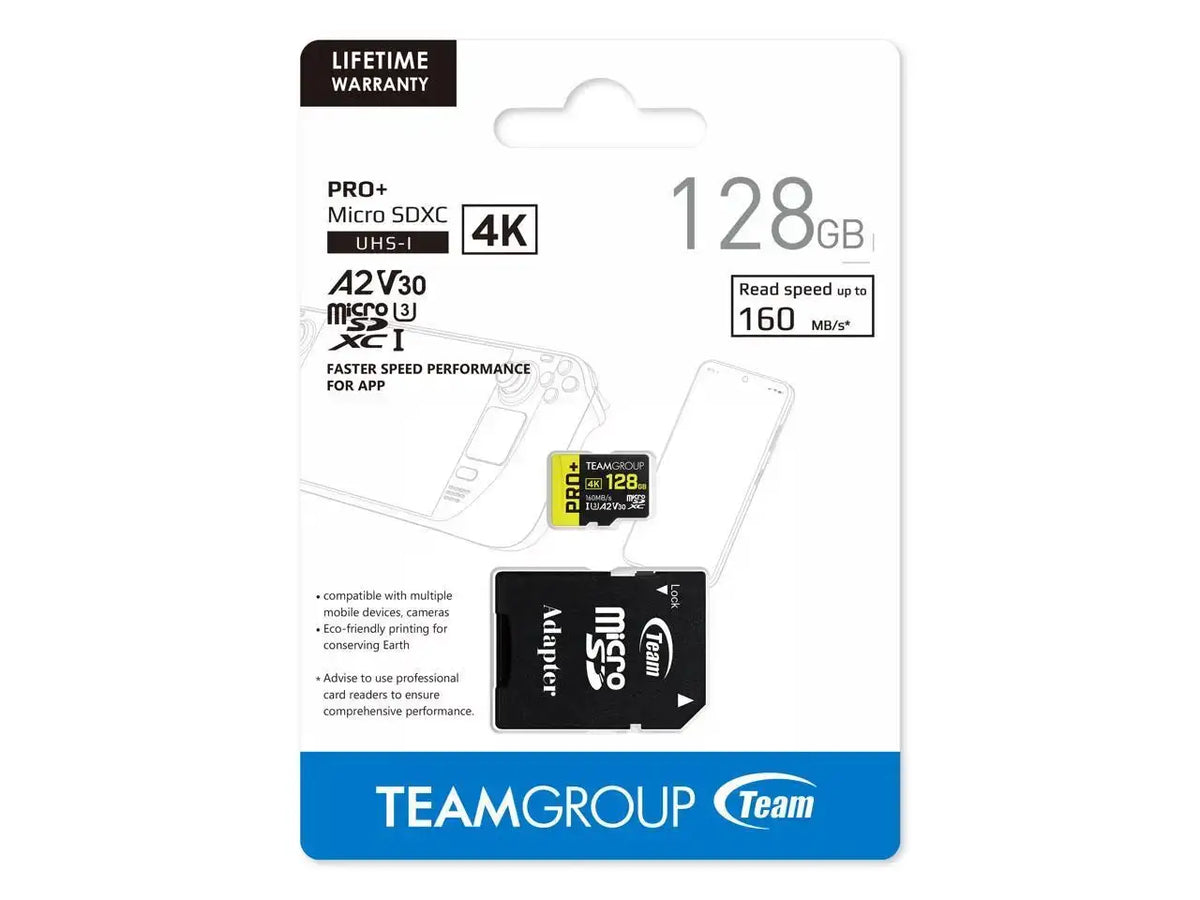 Team 128GB PRO+ microSDXC UHS-I/U3 Class 10 Memory Card with Adapter, compatible with Nintendo-Switch, Steam Deck, and ROG Ally, Speed Up to 160MB/s(TPPMSDX128G