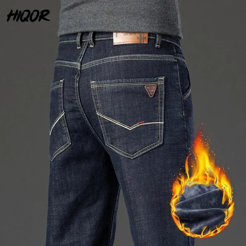 Winter Fleece Thick Jeans Men Business Casual Pants