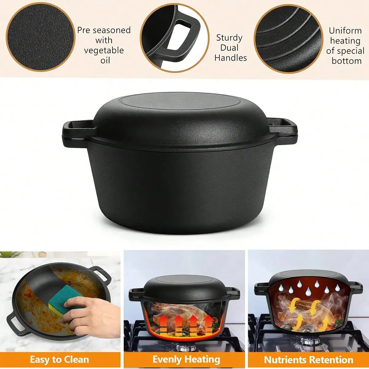 Black Cast Iron Dutch Oven Pot With Skillet Lid Cooking — product view 5