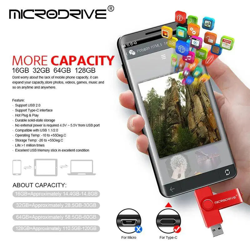 High Speed 128GB Two In One Type C USB Flash Drive
