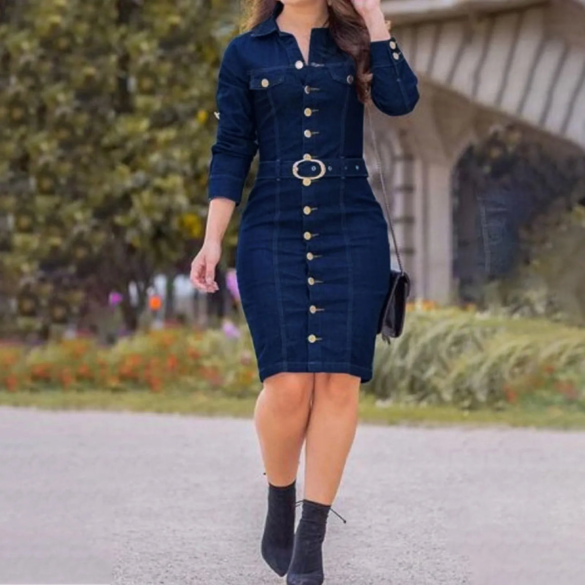 Belted Button Denim Shirt Dress