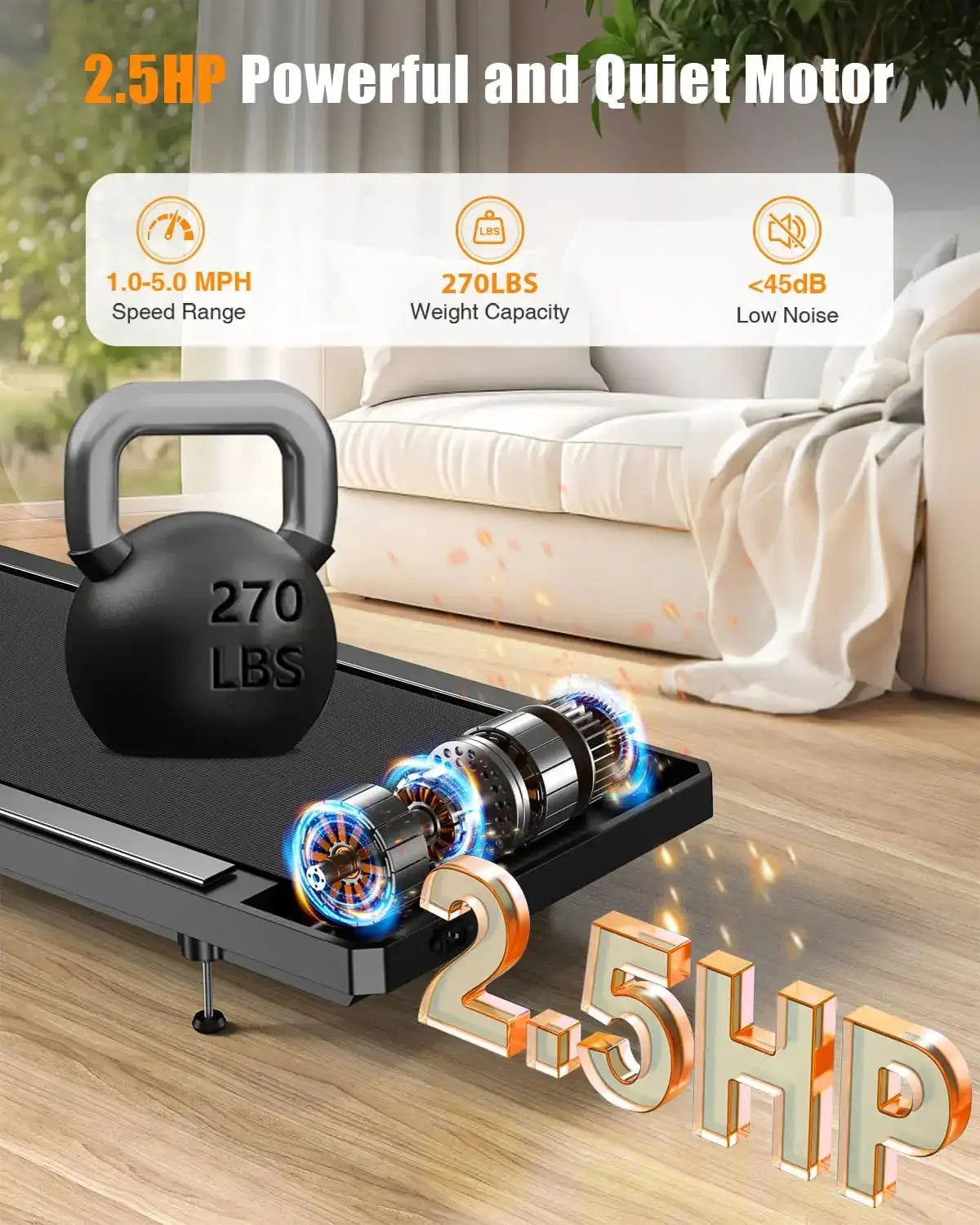 2.5HP Low-Noise 2-In-1 Under-Desk Walking Pad Treadmill, Handle Bar & Adjustable Incline, Remote Controller with LED Screen for Home & Office Training