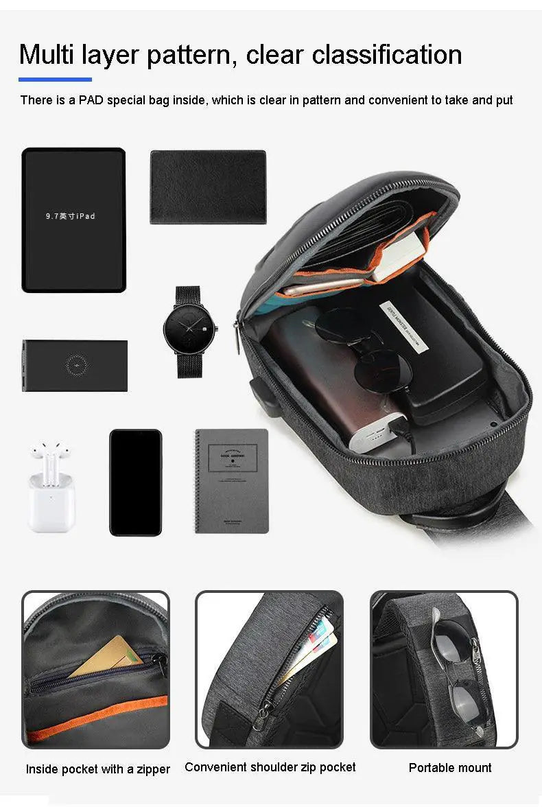 Running Chest Bag USB Charging Sling Pack For Men Unisex