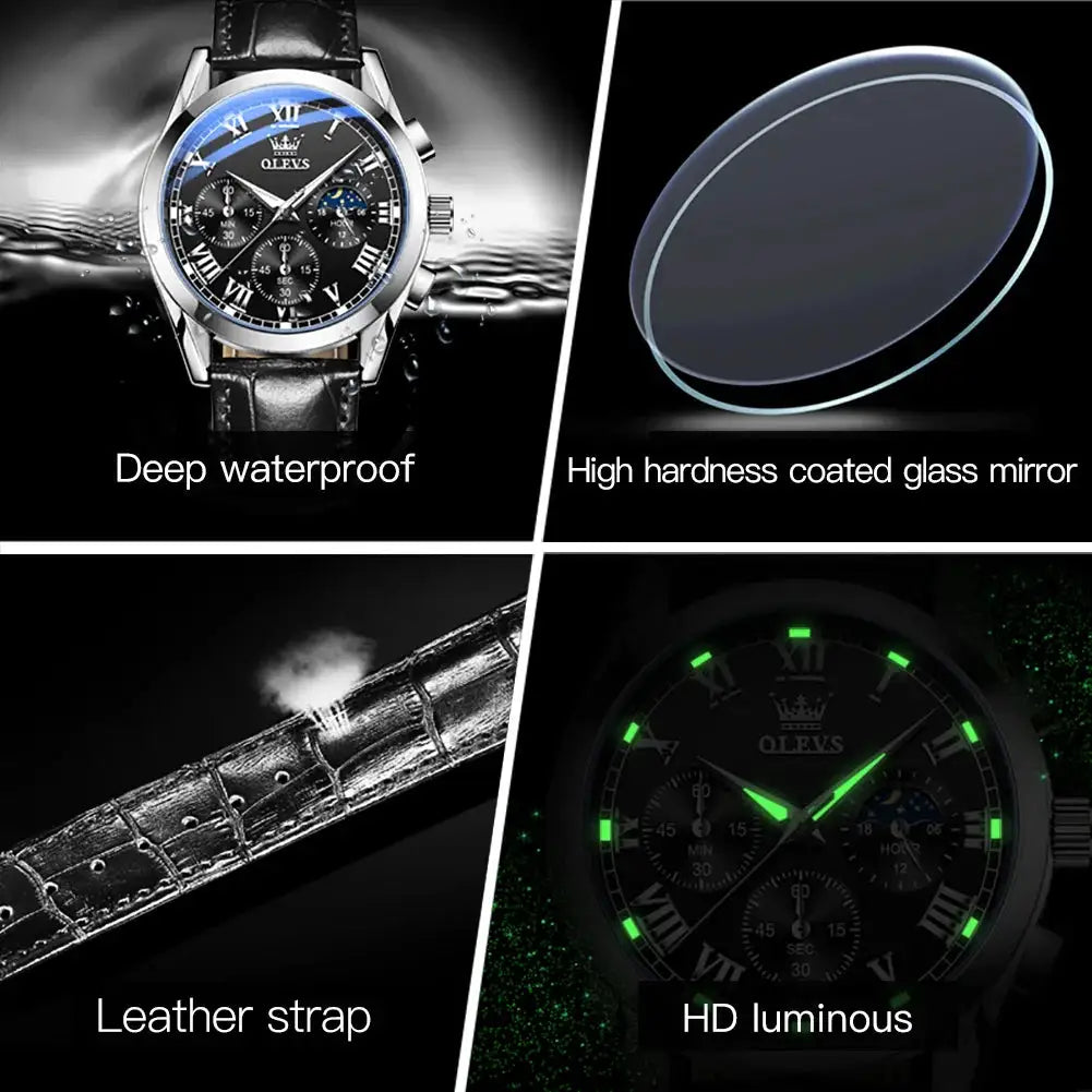 OLEVS 2871 Top Brand Men's Quartz Watch Noctilucent Business Waterproof Luxury Watch Leather Strap Moon Phase Relogio Masculino