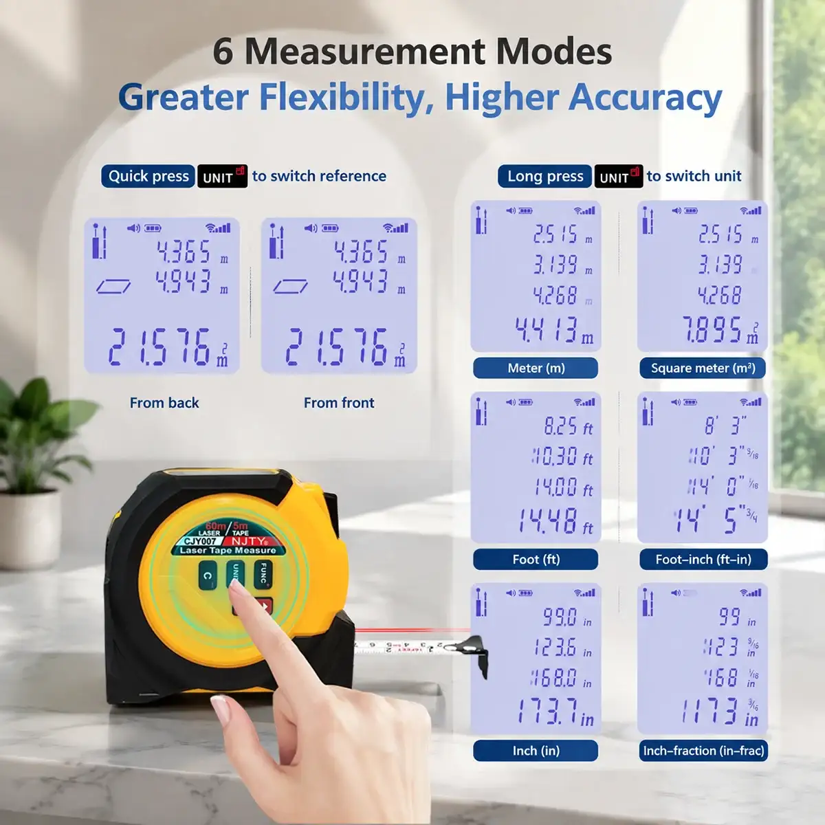 CJY007 Laser Distance Meter 40m 60m 3 in 1 Laser Tape Measure Cross Line Laser Area Volume Pythagorean Continuous Measuring Tool