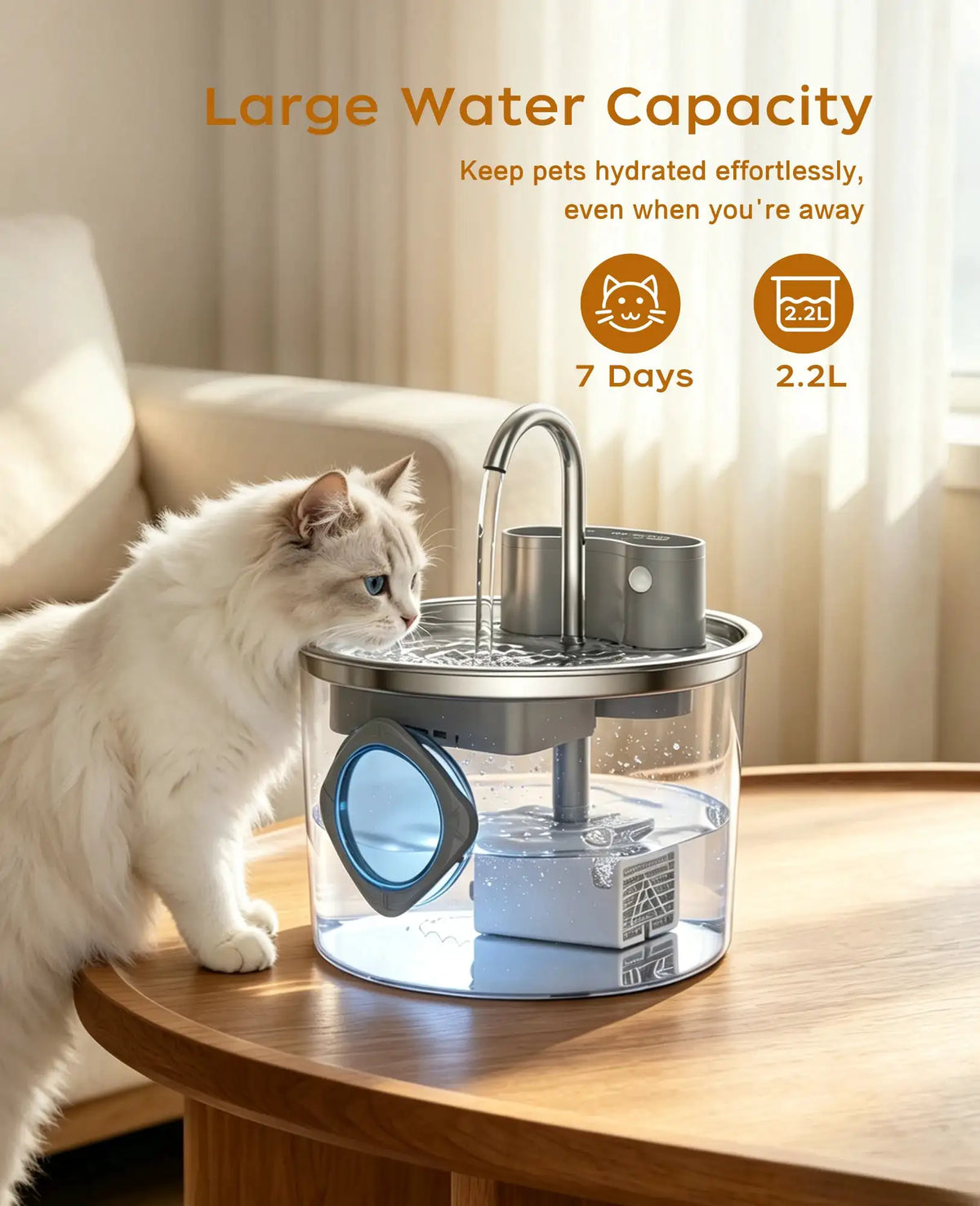 Cordless Wider Tray Dog Water Fountain, 4000mAh Battery Operated Dog Water Bowl Dispenser with Motion Sensor, Stainless Steel Pet Water Fountain for Multi-Pets, Easy Setup & Clean, 2.2L