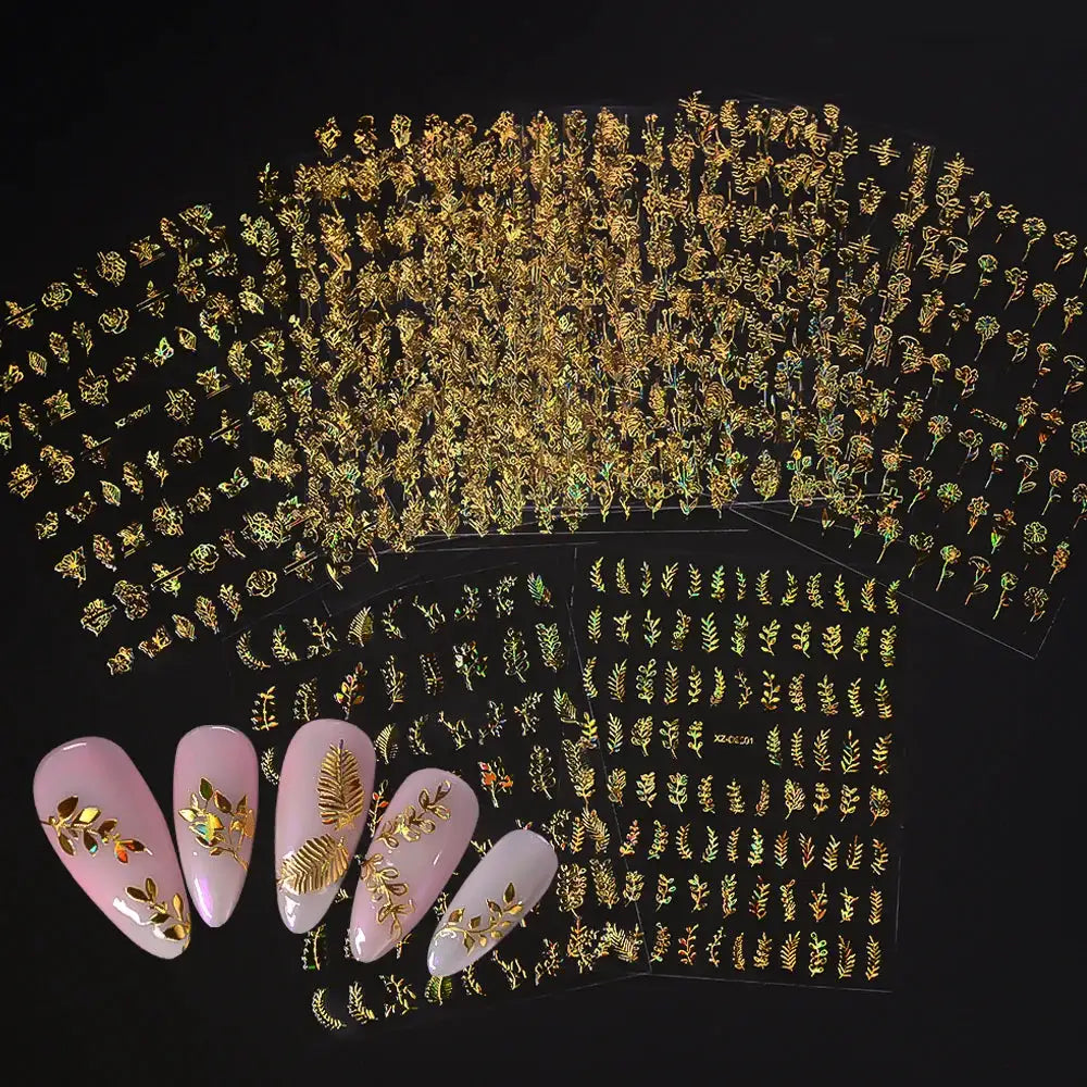 12pcs Metal Simple Leaf Nail Stickers 3D Gold Leaves Flower Bronzing Self-Adhesive Slider Nail Decals DIY Manicure Decoration