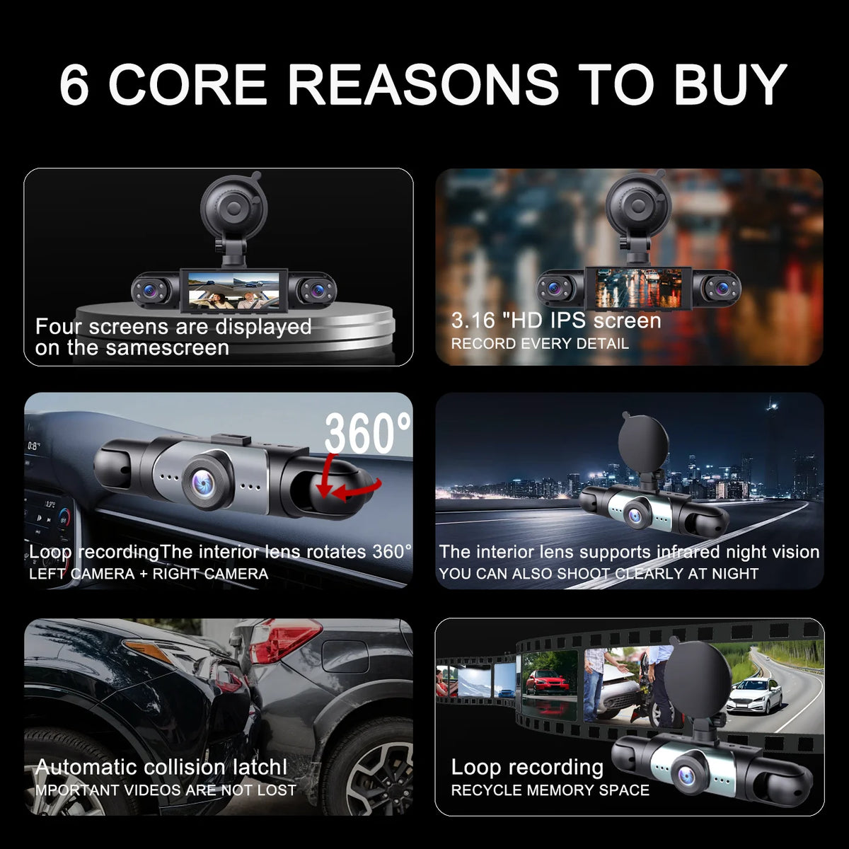 BCUOZ ° Dashcam, Front + Built-in Rear Left and Right Super — product view 3