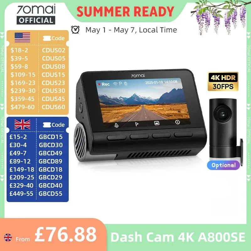 70mai Dash Cam 4K A800SE Dual Channel 24H Parking HDR WiFi 6 Voice Control - stepyours.com