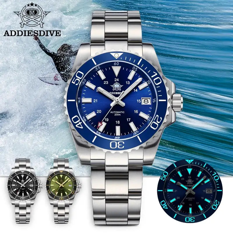 ADDIESDIVE Men Automatic Mechanical Diving Watch 200 Meter Waterproof Super Luminous Stainless Steel Luxury Business Wristwatch