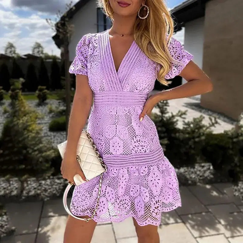 White Lace Puff Sleeve Dress Elegant Holiday Office Attire