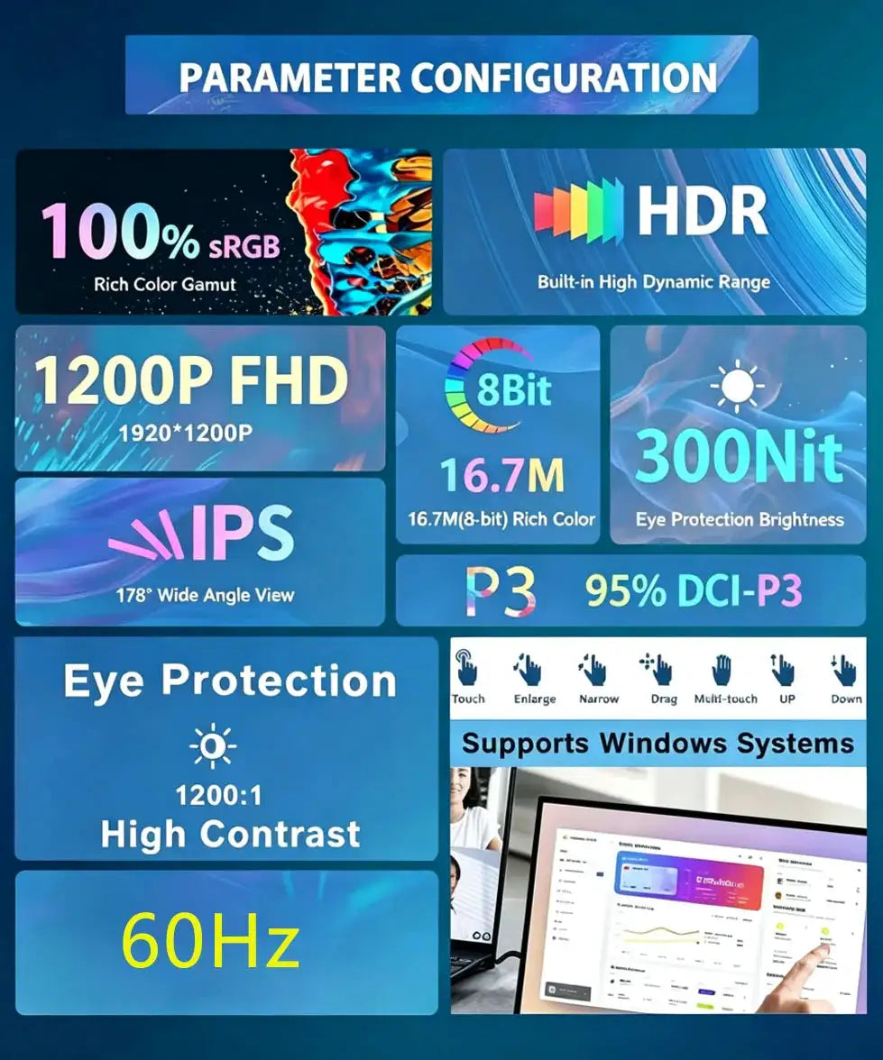 16inch Touch Portable Monitor 1920*1200P FHD IPS Screen 100%sRGB 300Nits HDR Display for Laptop/PC/Phone/Dex/PS4/PS5/SWITCH