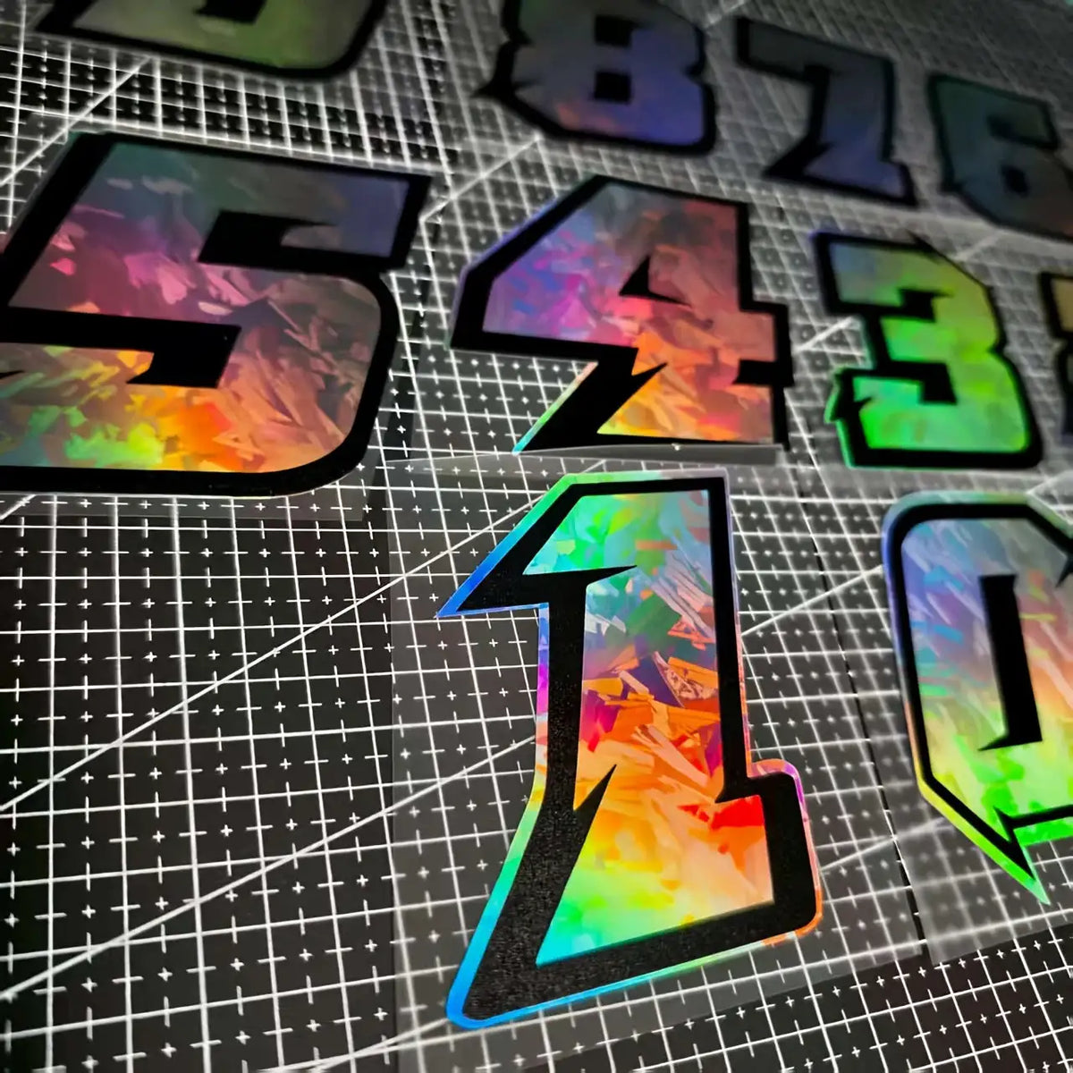 1pc Motorcycle Racing Number Stickers 0-9 - Iridescent Holographic Laser Effect, Waterproof