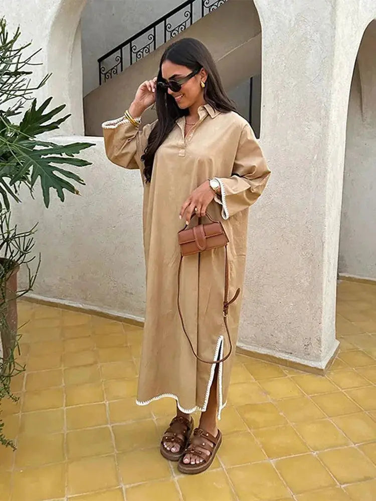 Elegant Green Lapel Dress Chic Embroidery Split Design