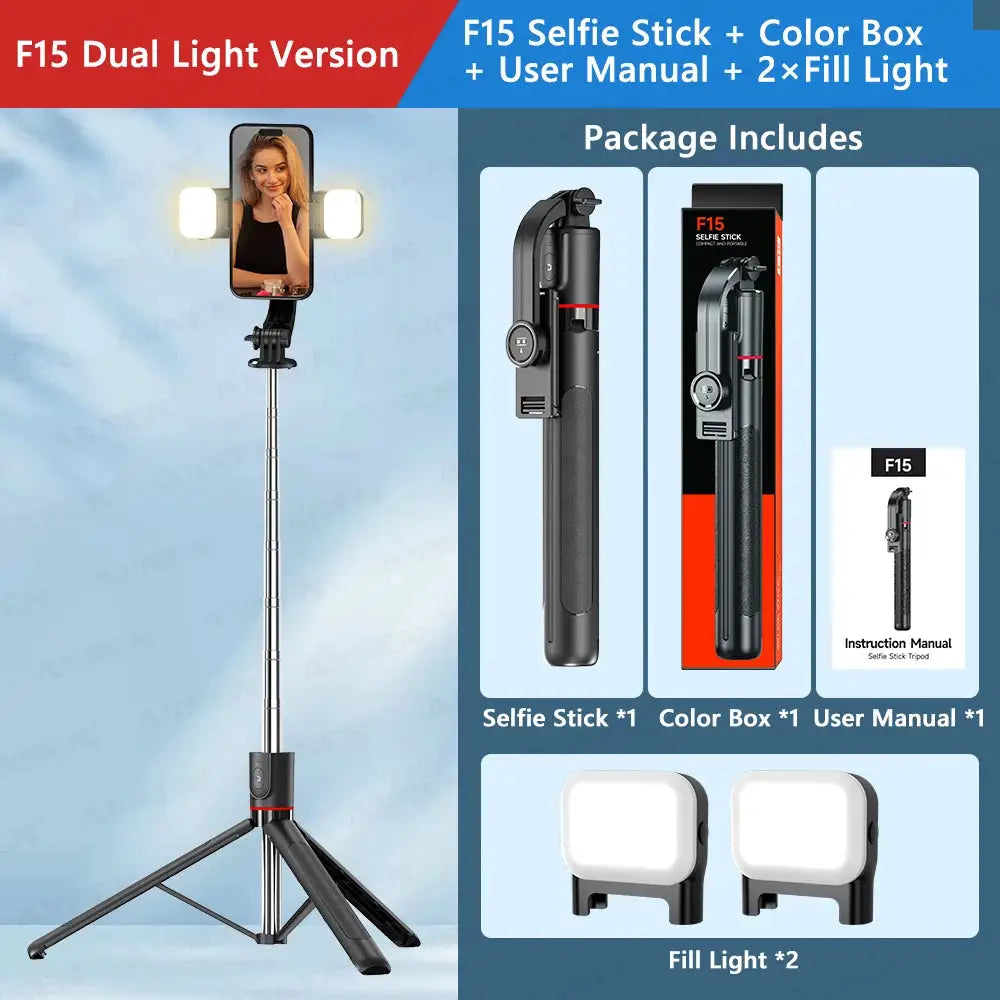 F15 Selfie Stick Tripod with Bluetooth Remote, 6-Section Extendable Pole, 360° Rotation, Fill Light Option, for Phone Vlog