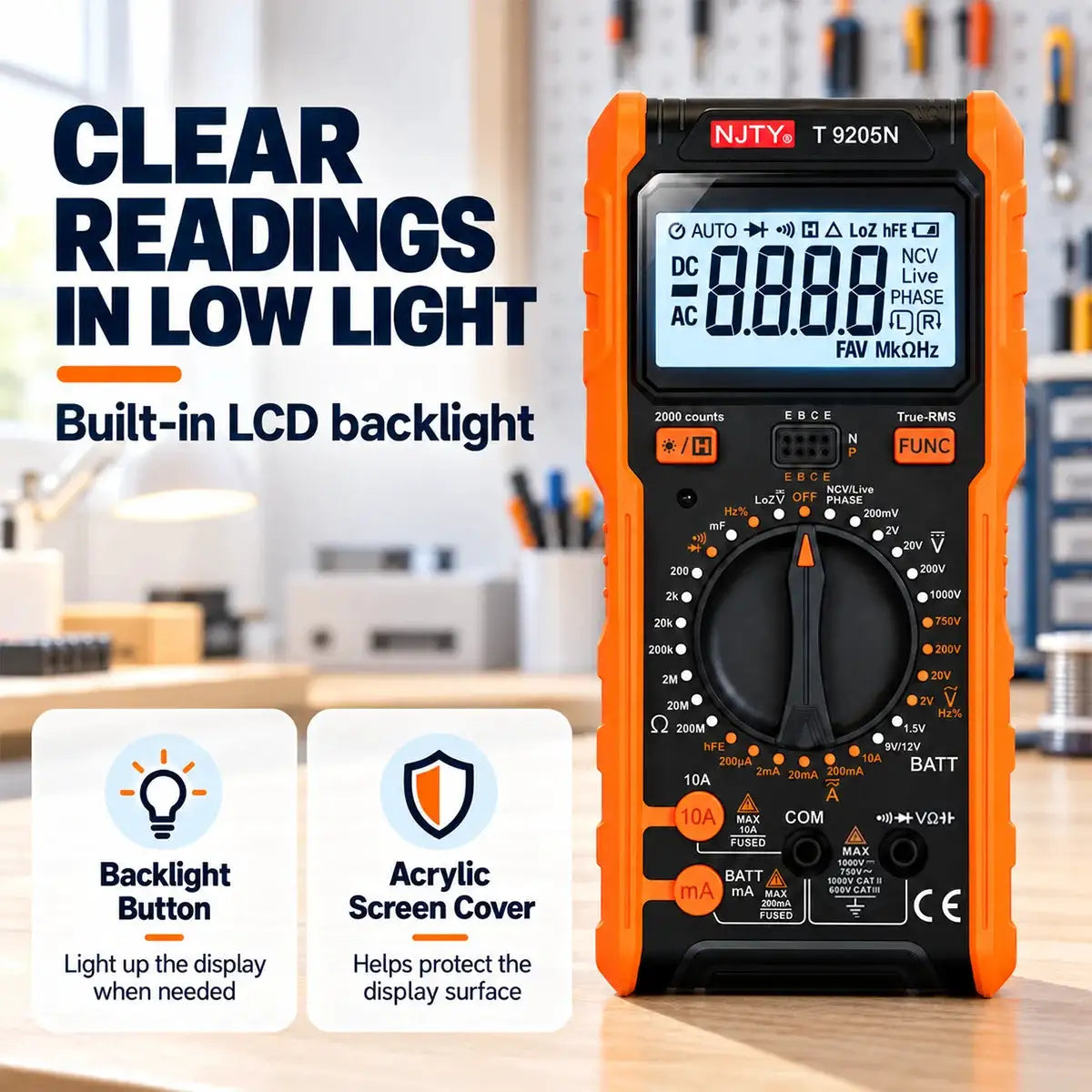 T9205N Digital Multimeter 2000 Counts True RMS Phase Sequence NCV Live Wire LoZ Battery Tester AC DC Voltage Current Backlit LCD