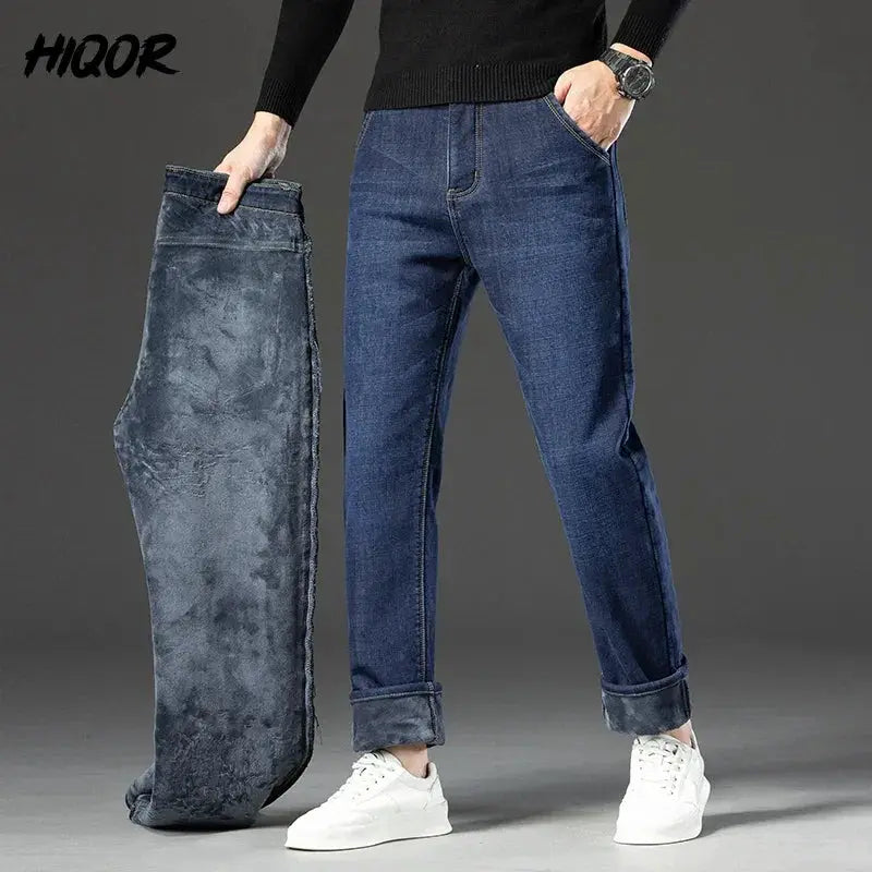 Winter Fleece Thick Jeans Men Business Casual Pants