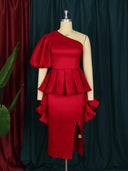 Ravishing Red Peplum Dress Elegant Evening Wear Lantern Sleeves