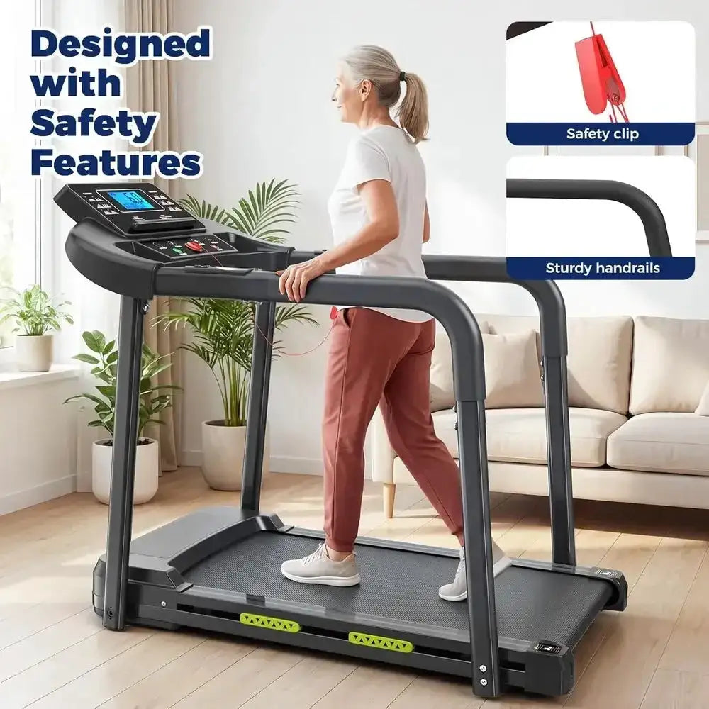 Senior-Friendly Home Treadmill with Long Rails, Heart Rate Monitor, Wide Belt, 2.5 HP, 300 lbs Capacity, PAD Stand & Cup Holder