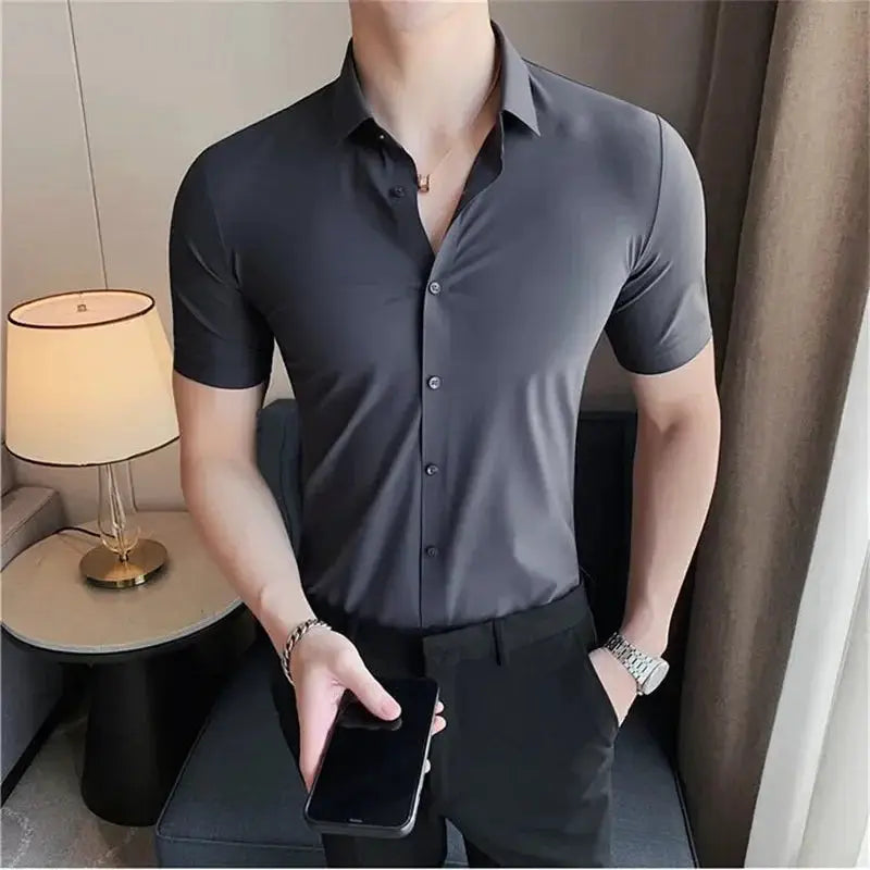 Men Solid High Elasticity Short Sleeve Shirt For Men