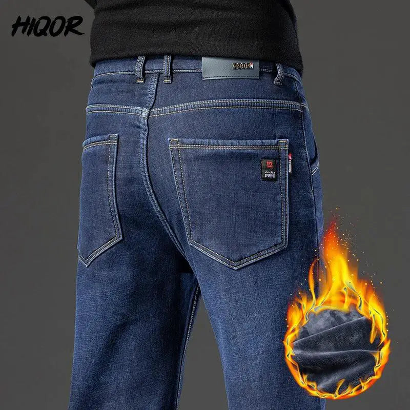 Winter Fleece Thick Jeans Men Business Casual Pants