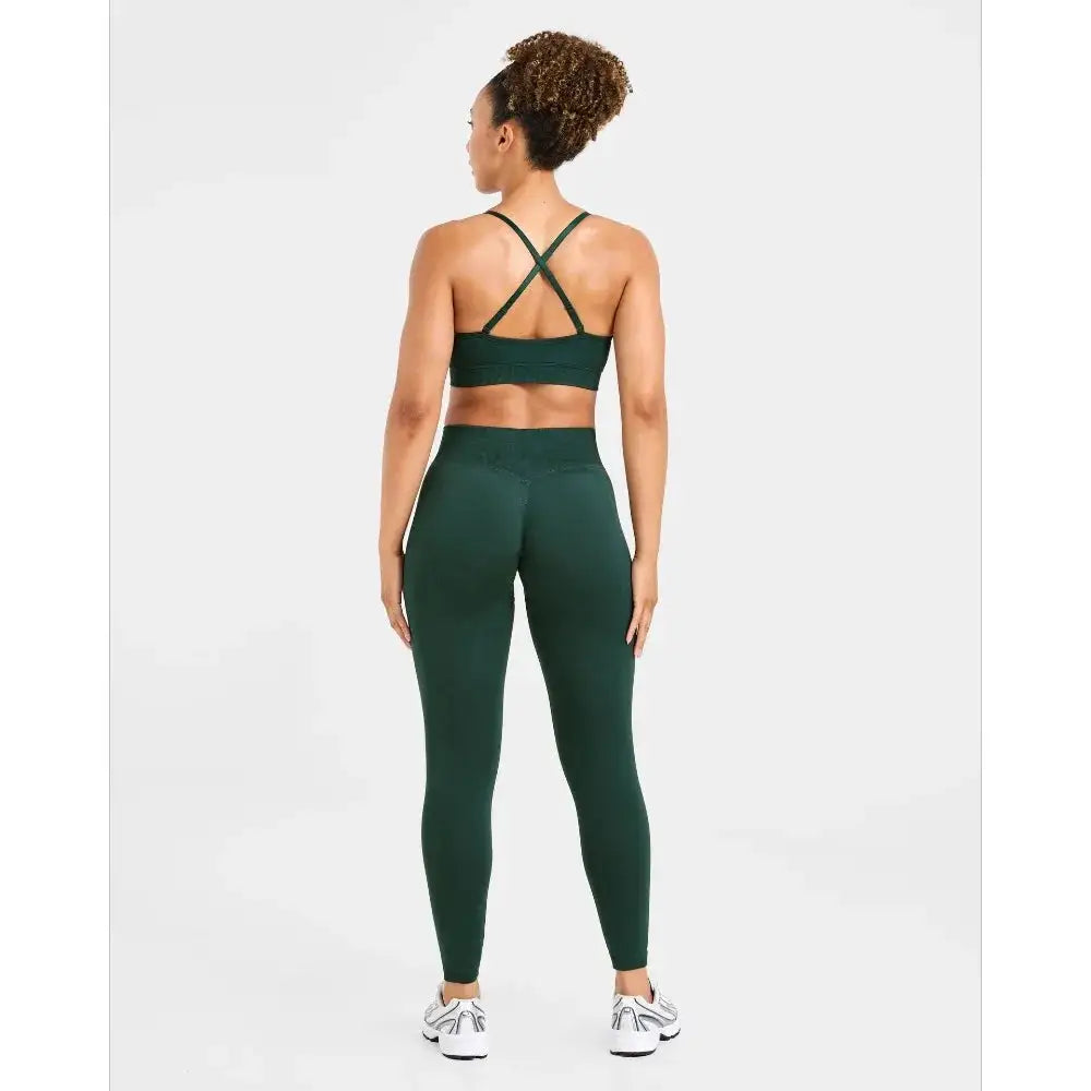Quick Dry V Neck Sports Bra and Yoga Pants Set for Women, 90% Nylon 10% Spandex Moisture Wicking Two Piece Gym Fitness Workout Outfit, Strappy Crop Top Full Length Activewear for Running Training