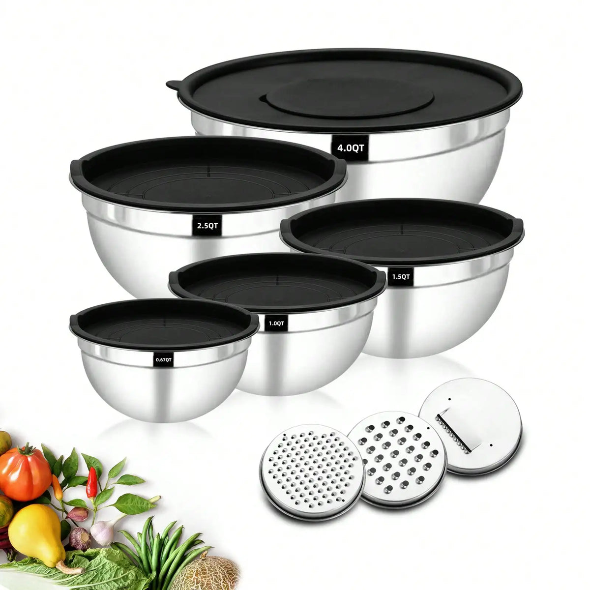 Stainless Steel Mixing Bowls With Lids, Grater Attachments — product view 1