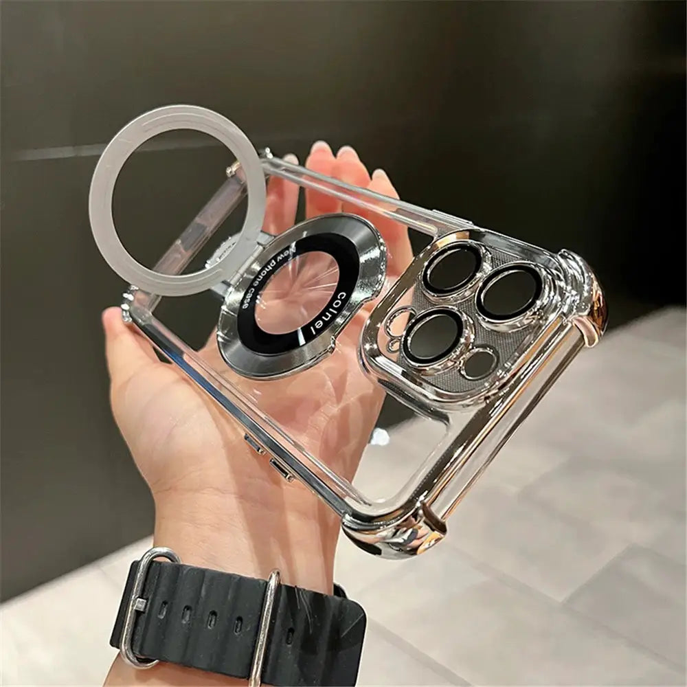 Luxury Plating Shockproof Magnetic Bracket For Magsafe Clear Case For IPhone18 15 16 14 13 12 17 Pro Max With Holder Stand Cover