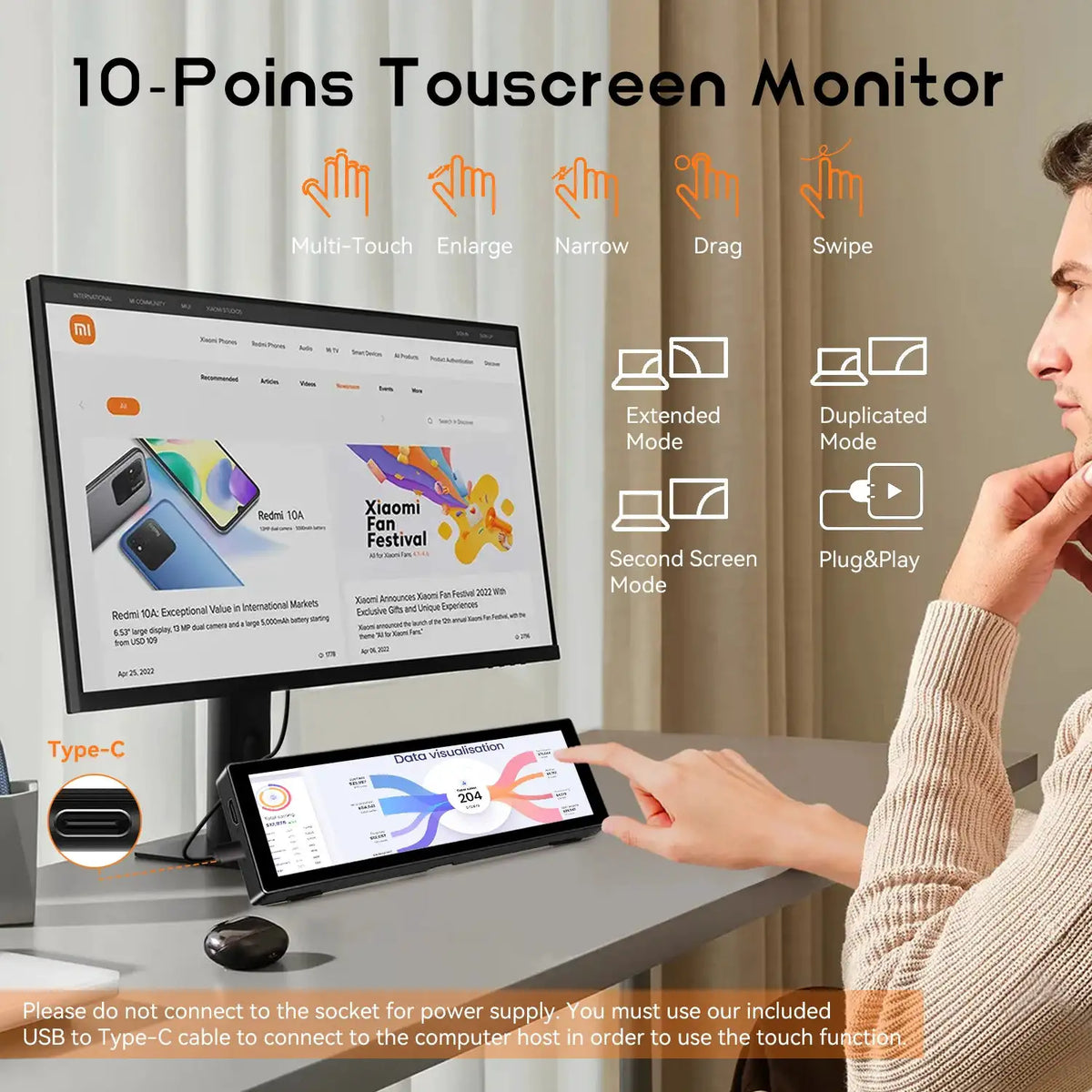 8.8-inch Chassis Secondary Screen 1920*480 Long-shaped LCD Touch Screen with Built-in Stand, AIDA64 Touch Version