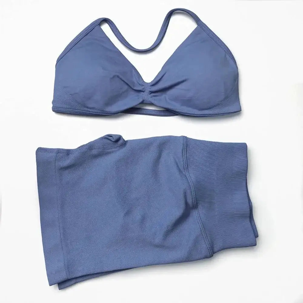 STOUREG 2 Pieces Yoga Gym Set Women Seamless Strappy Yoga Bra High Waist Workout Scrunch Shorts Set Fitness Clothes Sportswear