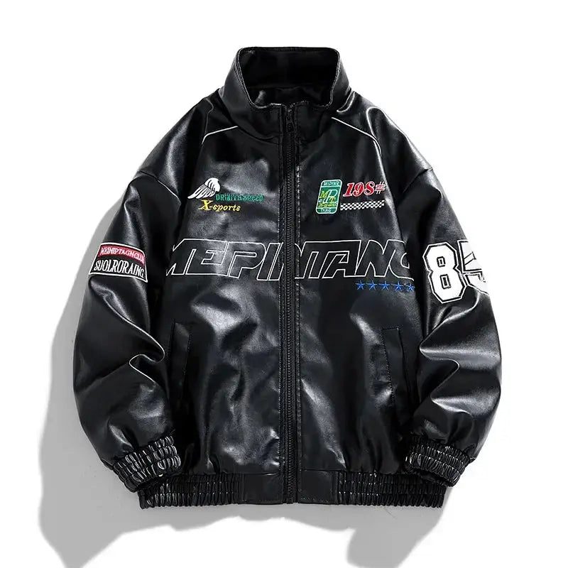 Mens PU Leather Motorcycle Jacket With Letter Embroidery