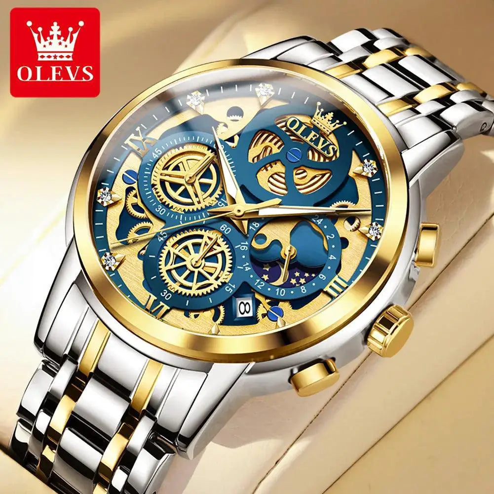OLEVS Moon Phase Calendar Watch Stainless Steel for Men