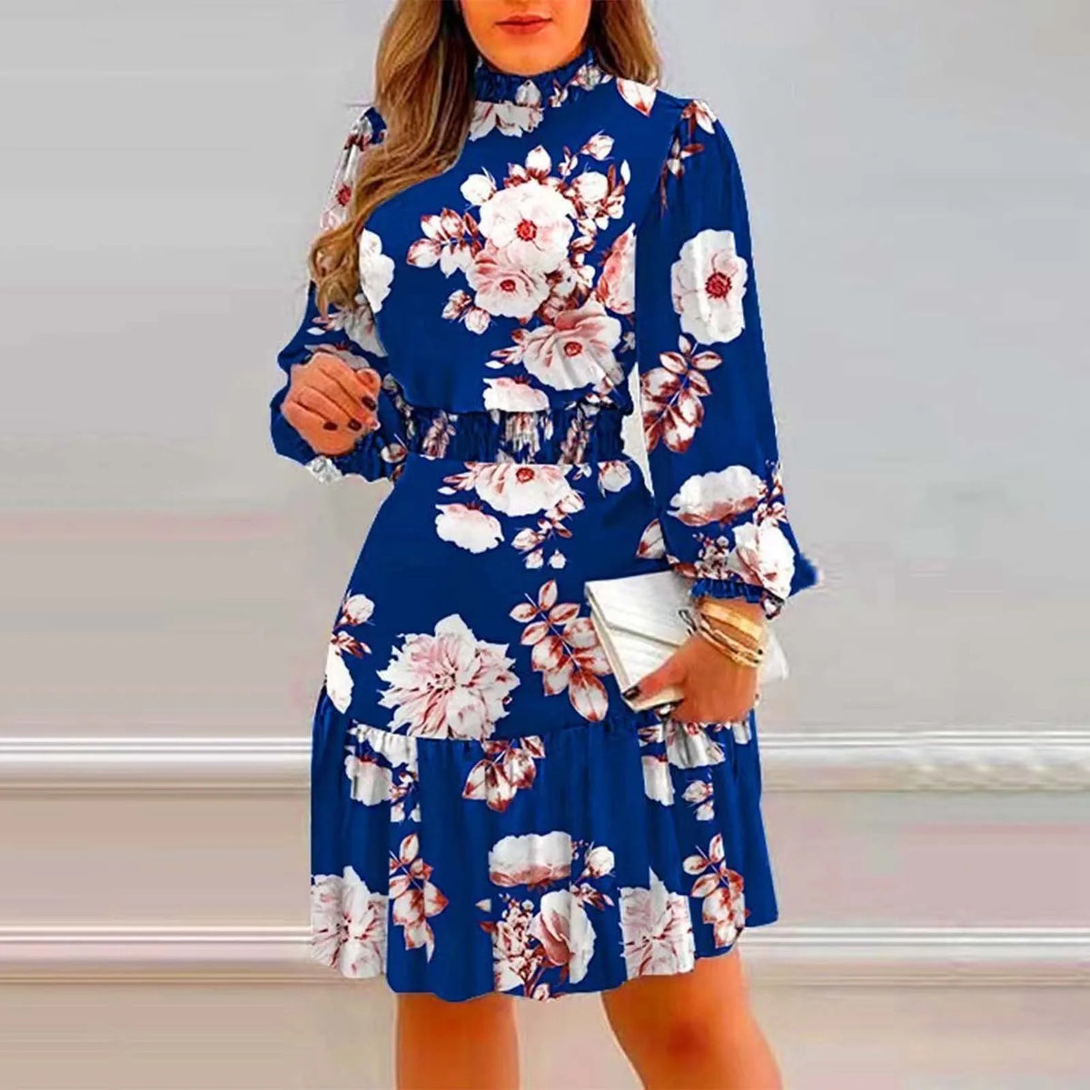 Floral Ruffle Neck Midi Dress