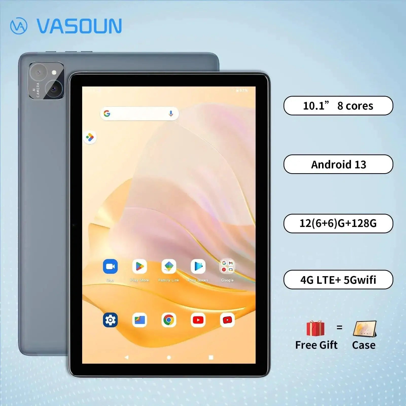 Vasoun 10.1 Inch Octa Core Android Tablet 128GB Dual SIM 4G