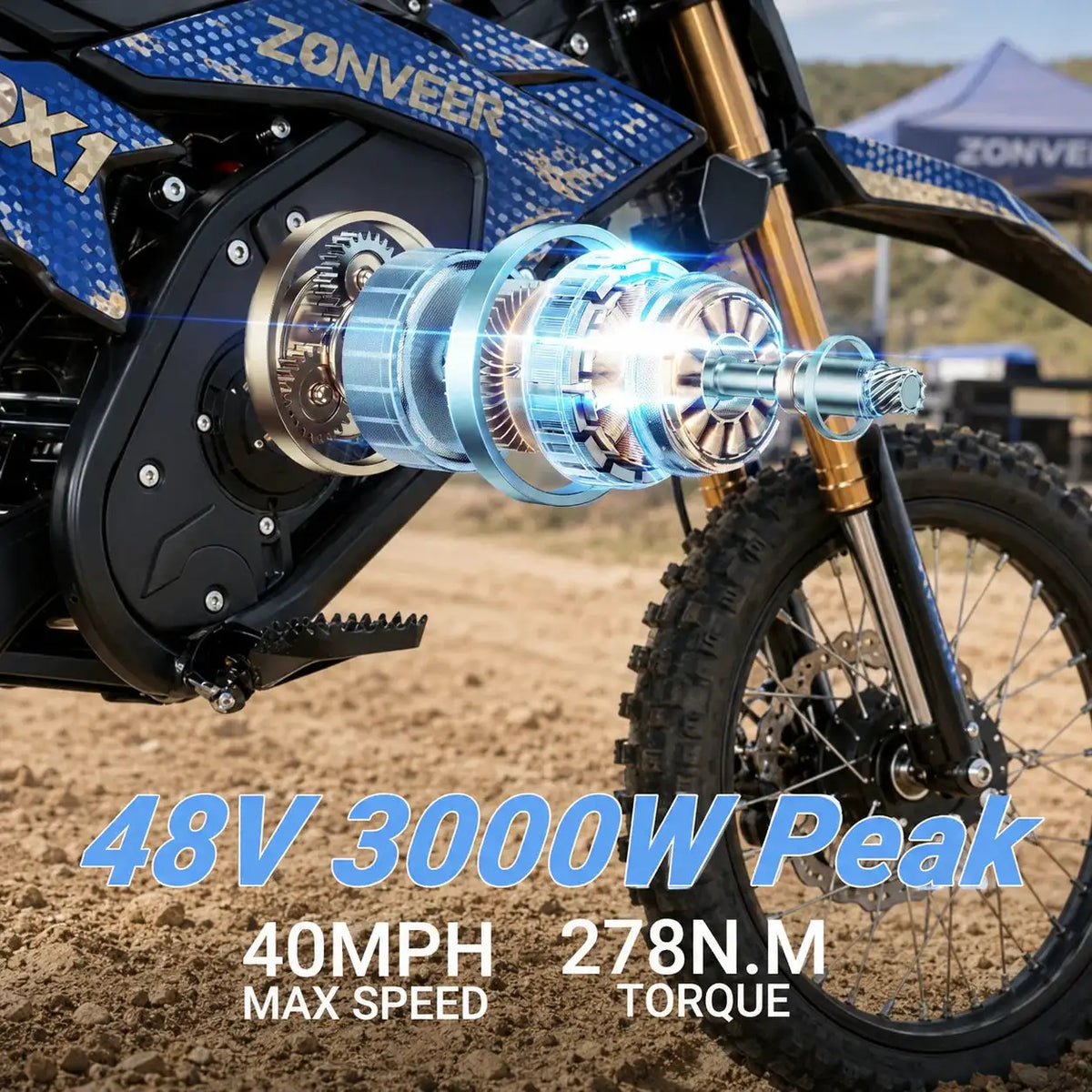 ZONVEER DX1 Electric Dirt Bike for Teens, 3000W Peak Mid Motor, 40MPH Top Speed, 48V 20.8Ah Battery, 278Nm Max Torque, Dual Hydraulic Suspension, Hydraulic Brakes