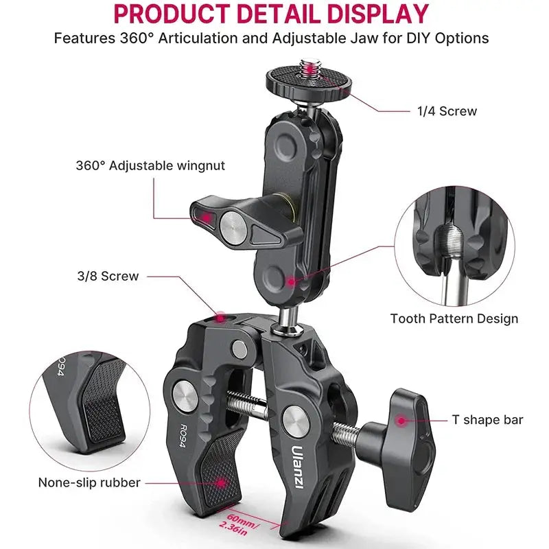 Ulanzi R094 Metal Super Clamp with Double Ball Head Magic Arm Clamp with 1/4" 3/8" Hole for DSLR Camera Monitor Light Mic Mount